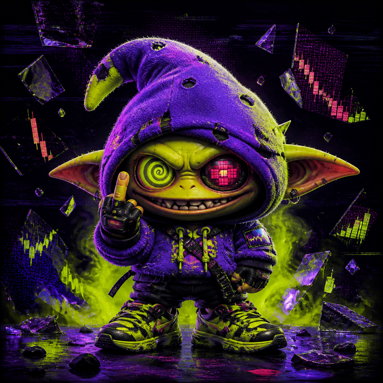 FOLZE, a neon green cyber-goblin in a violet hood